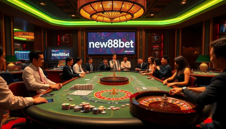Experience the excitement of new88bet as players celebrate at a bustling casino table filled with poker chips and cards.