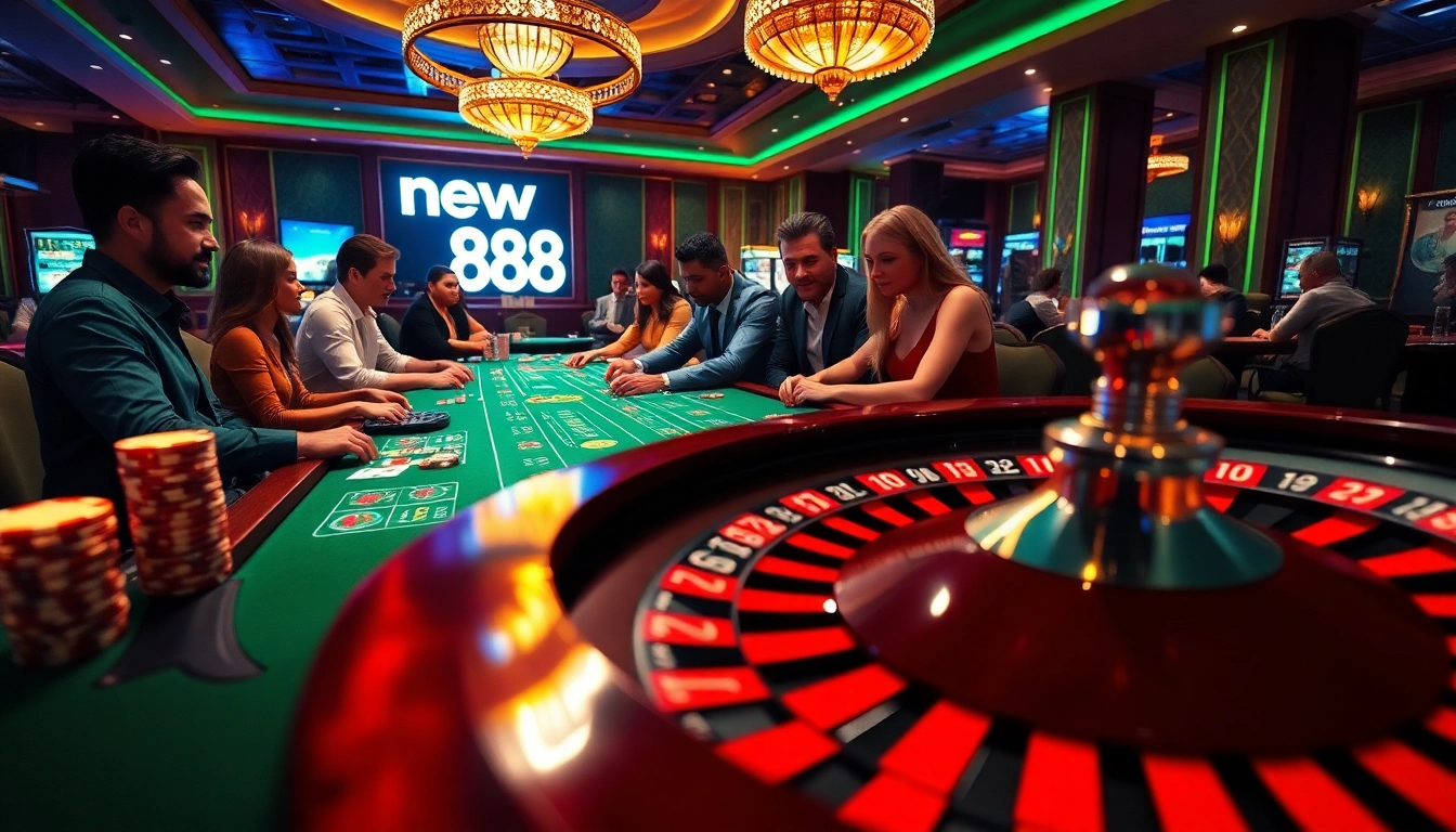 Experience the excitement of new88 with players at a vibrant poker table and spinning roulette wheel.